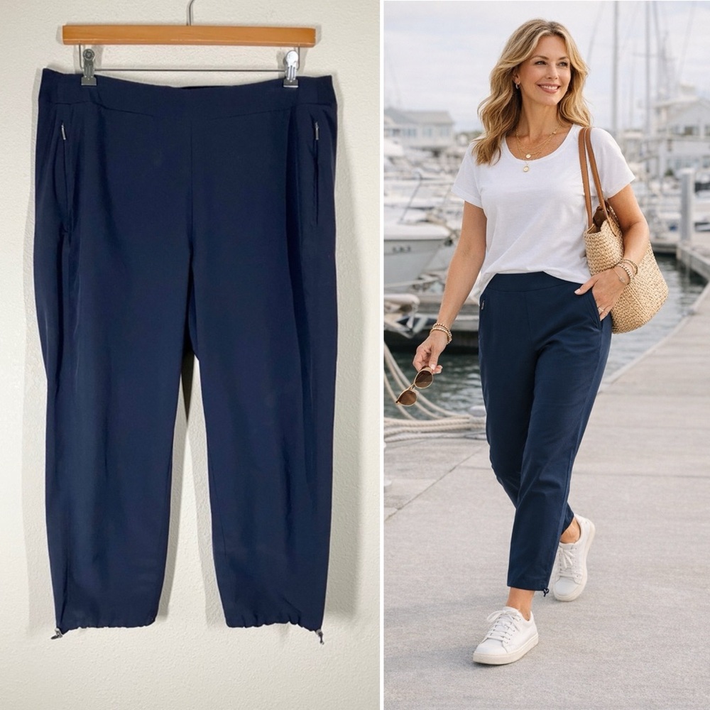 CHICO'S Crop Pants Size 16 UPF Neema Bungee Pull-On Navy Golf Resort Nautical
